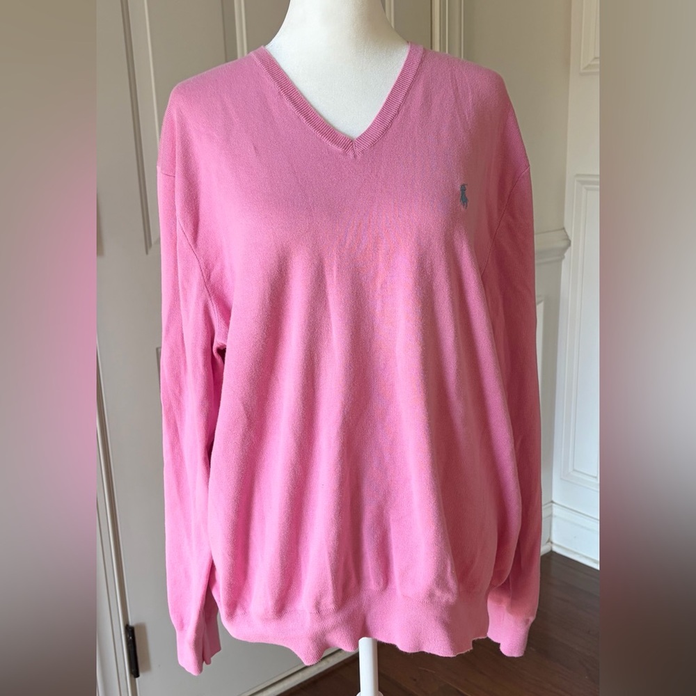 Vintage Ralph Lauren Polo Pink Pima Cotton V-Neck Sweater Size XL